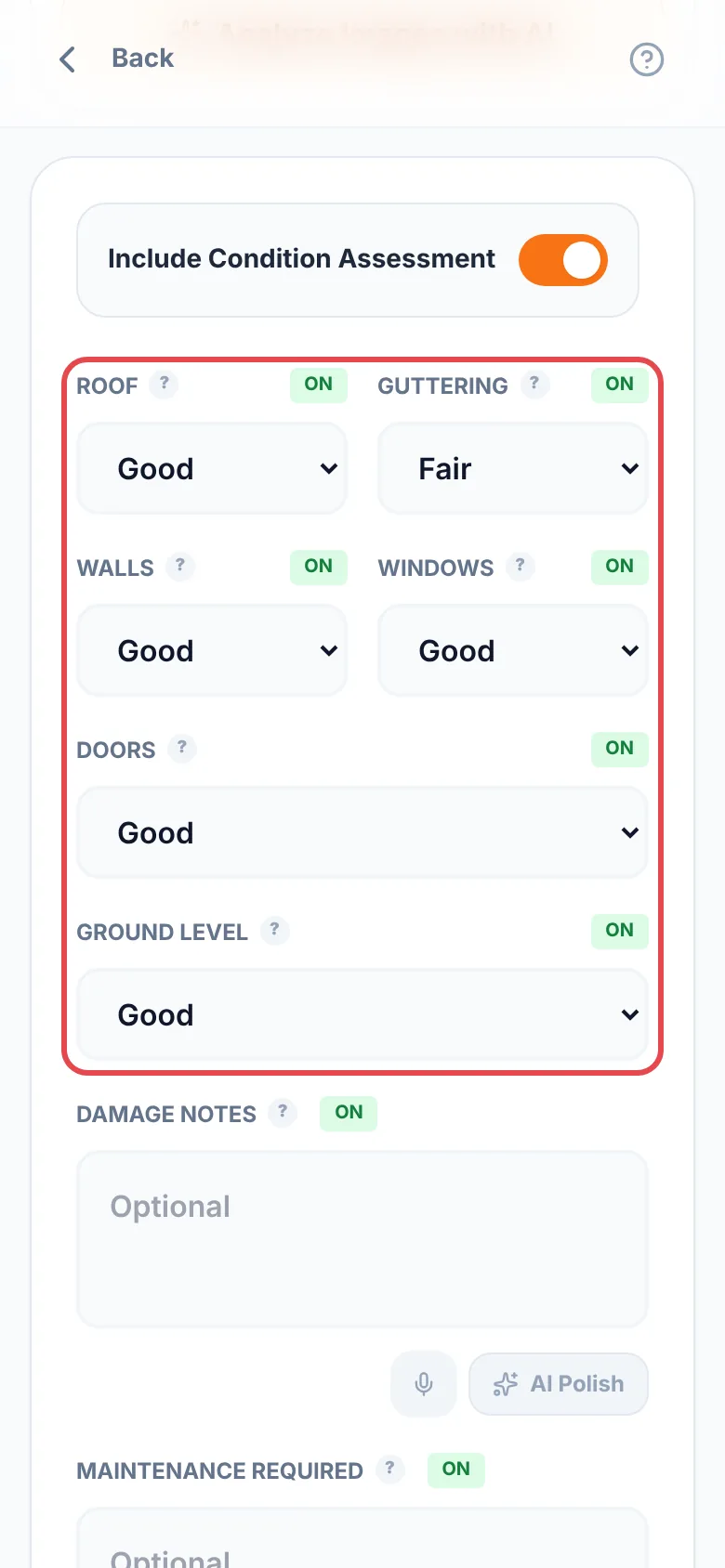 An external area with the Roof, Guttering, Walls, Windows, Doors and Ground Level ratings ringed in red, above the damage notes