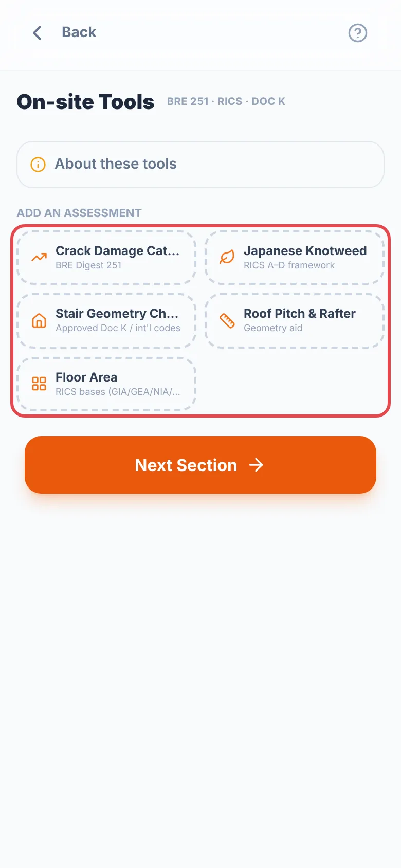 On-site Tools with the five assessments under Add an assessment ringed in red: Crack Damage Category, Japanese Knotweed, Stair Geometry Check, Roof Pitch & Rafter and Floor Area