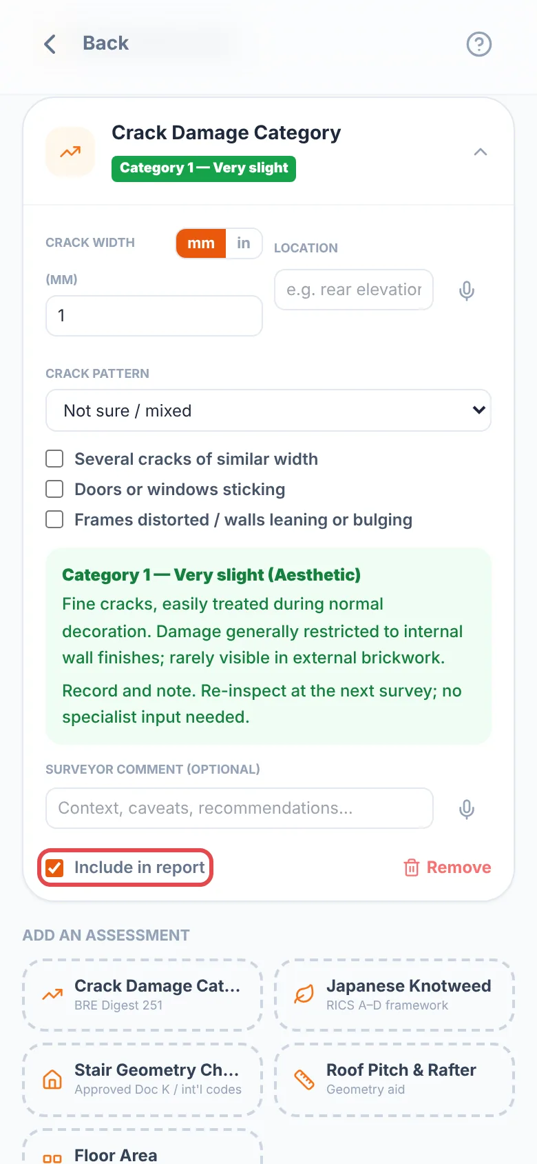 A Crack Damage Category assessment for a 1 mm crack showing Category 1 — Very slight, with the Include in report tick box ringed in red