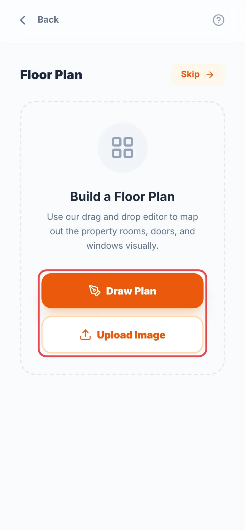 The Floor Plan screen with the Draw Plan and Upload Image buttons ringed in red