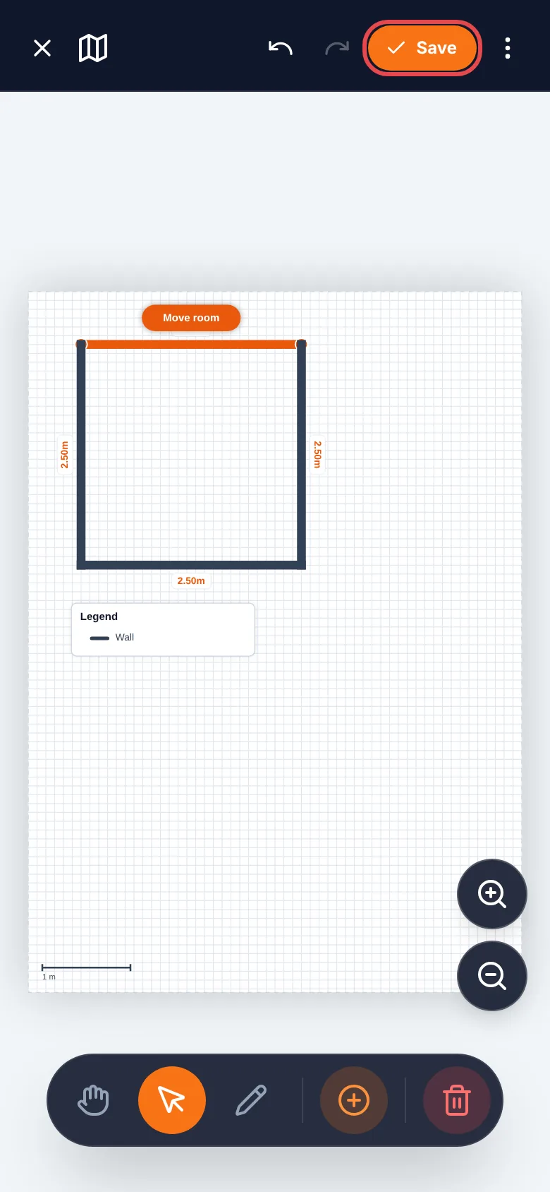 The floor plan editor with one room drawn, 2.50 m along each wall, and the Save button ringed in red at the top