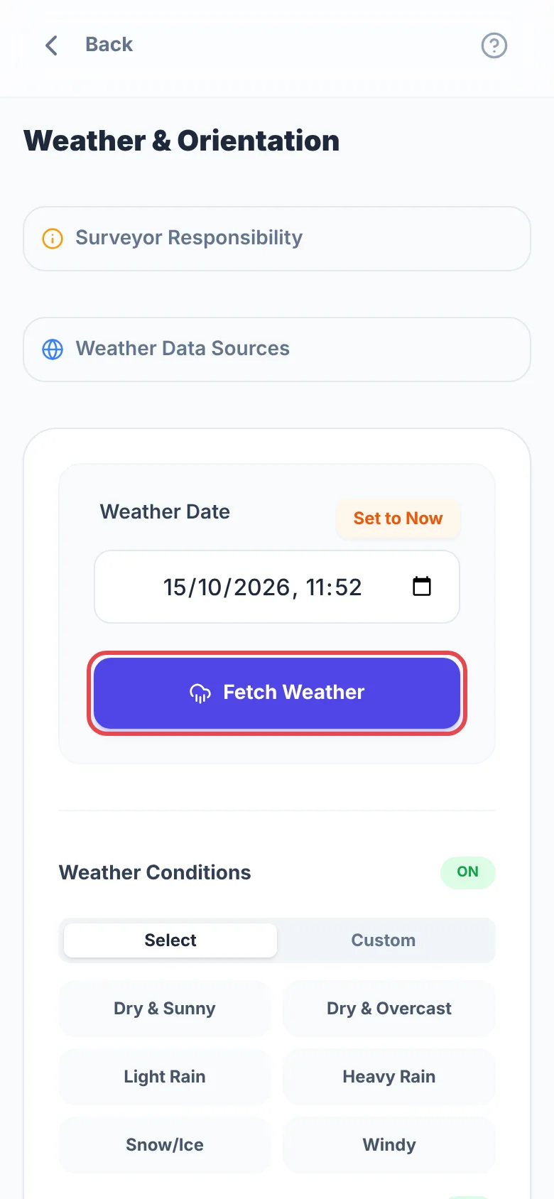 Weather & Orientation with the date and time under Weather Date, and the Fetch Weather button ringed in red