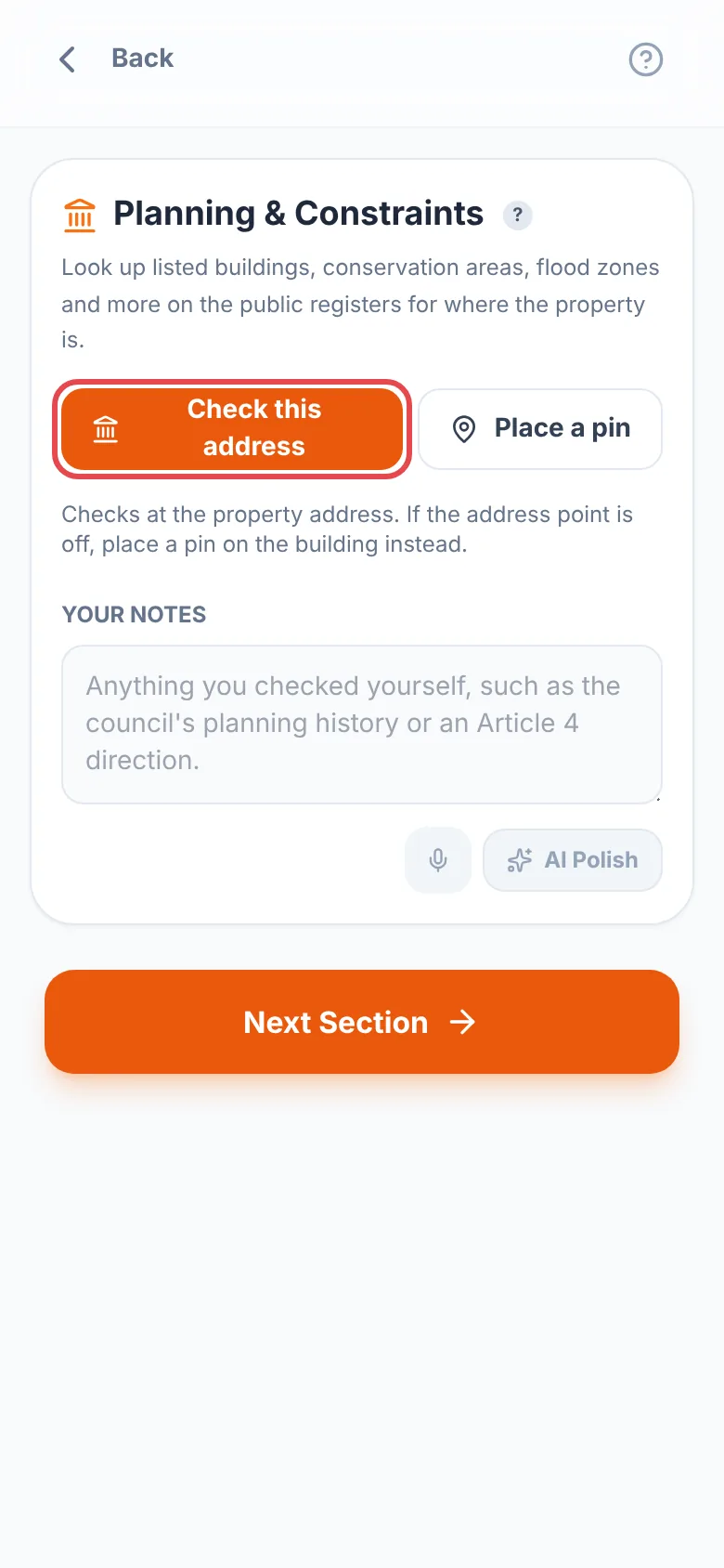 Planning & Constraints with the Check this address button ringed in red beside Place a pin, above Your notes