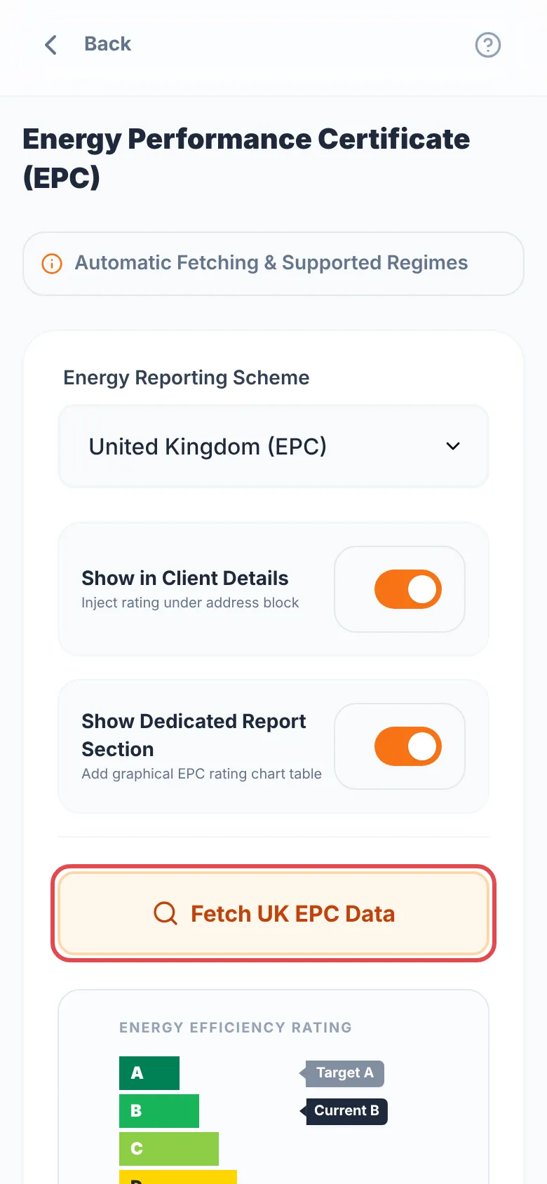 The Energy Performance Certificate (EPC) screen with United Kingdom (EPC) as the Energy Reporting Scheme and the Fetch UK EPC Data button ringed in red