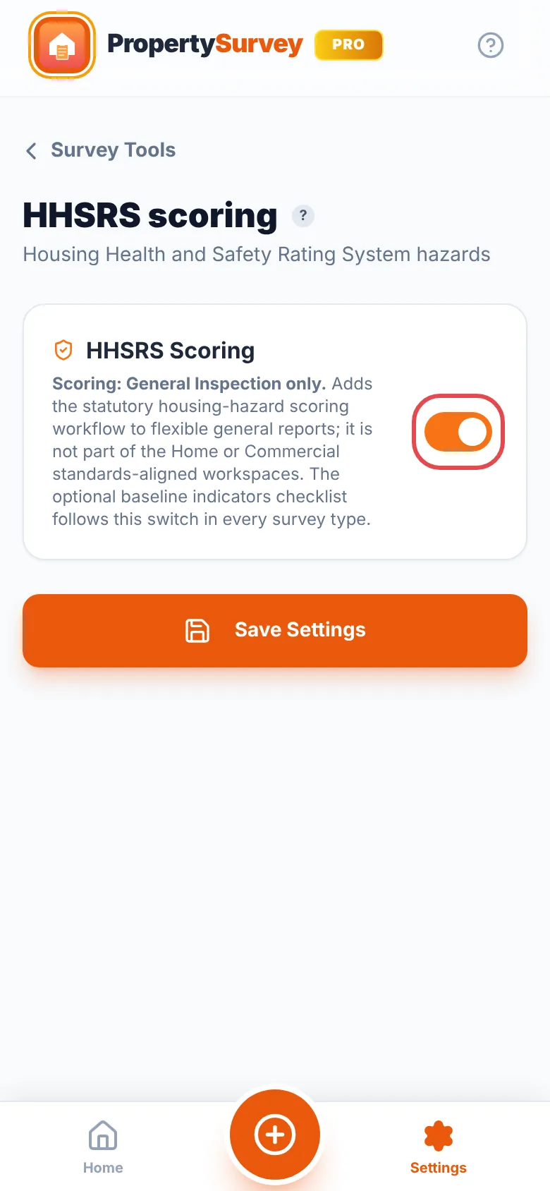 Settings, Profile tab: the HHSRS Scoring card with its switch ringed in red and turned on