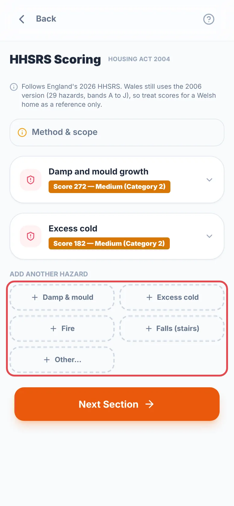 HHSRS Scoring in a General Inspection listing Damp and mould growth and Excess cold with their scores, and the quick buttons under Add another hazard ringed in red