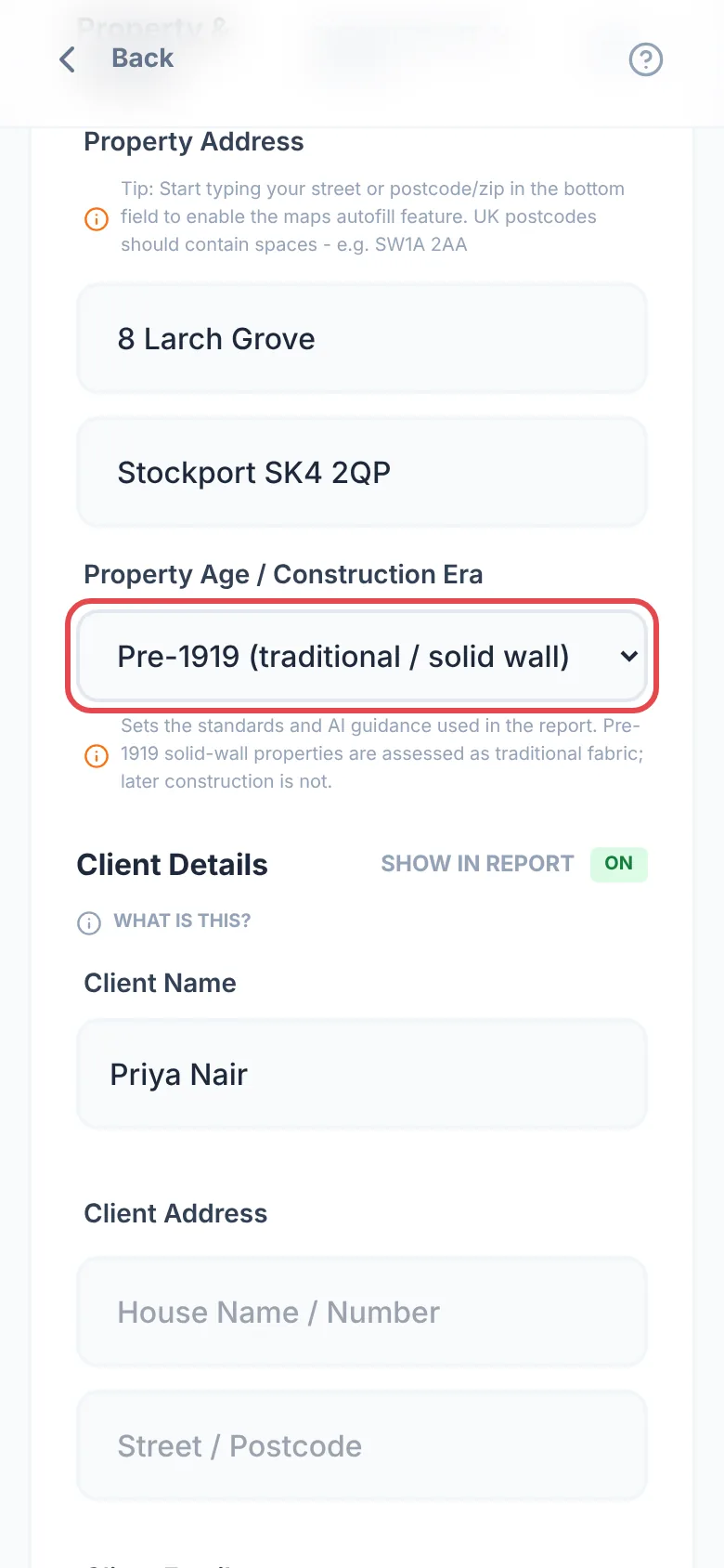 Survey Details with the Property Age / Construction Era box ringed in red and set to Pre-1919 (traditional / solid wall)