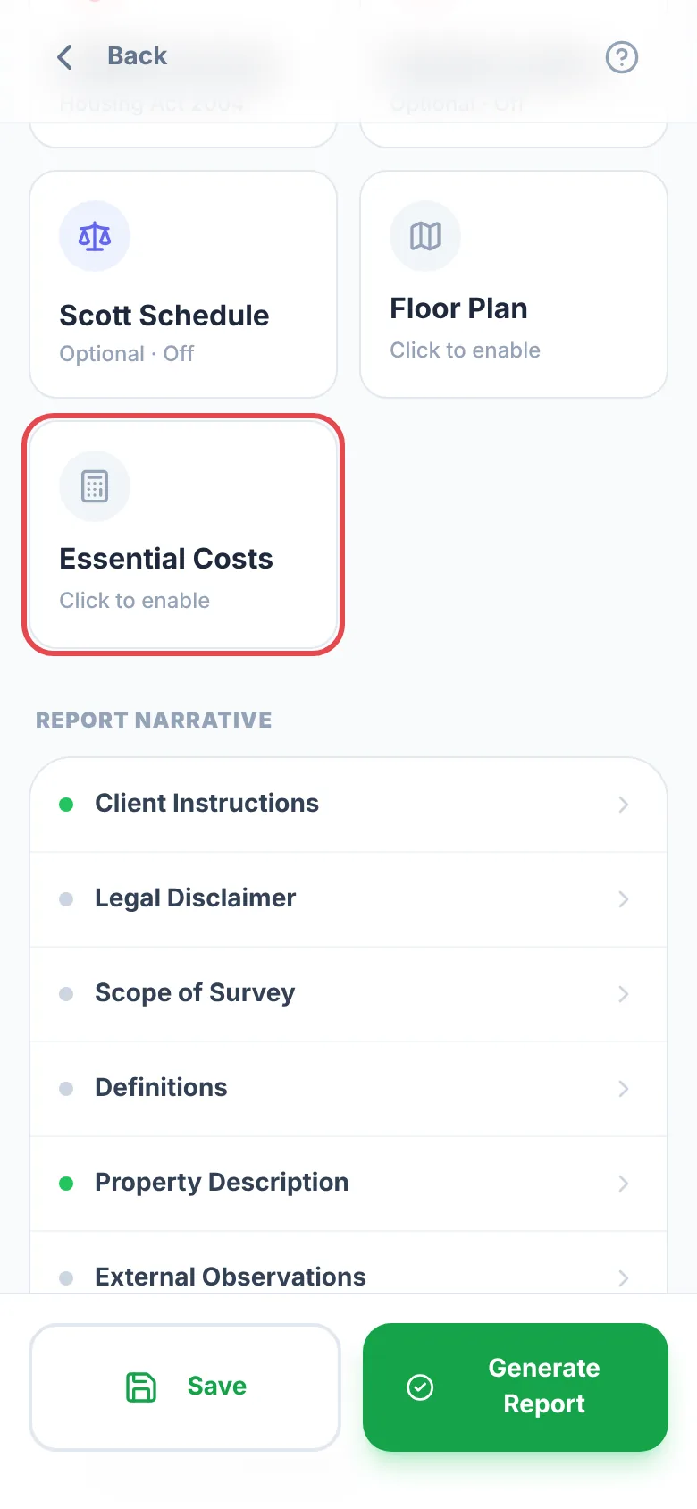 The Survey Dashboard with the Essential Costs tile ringed in red, marked Click to enable