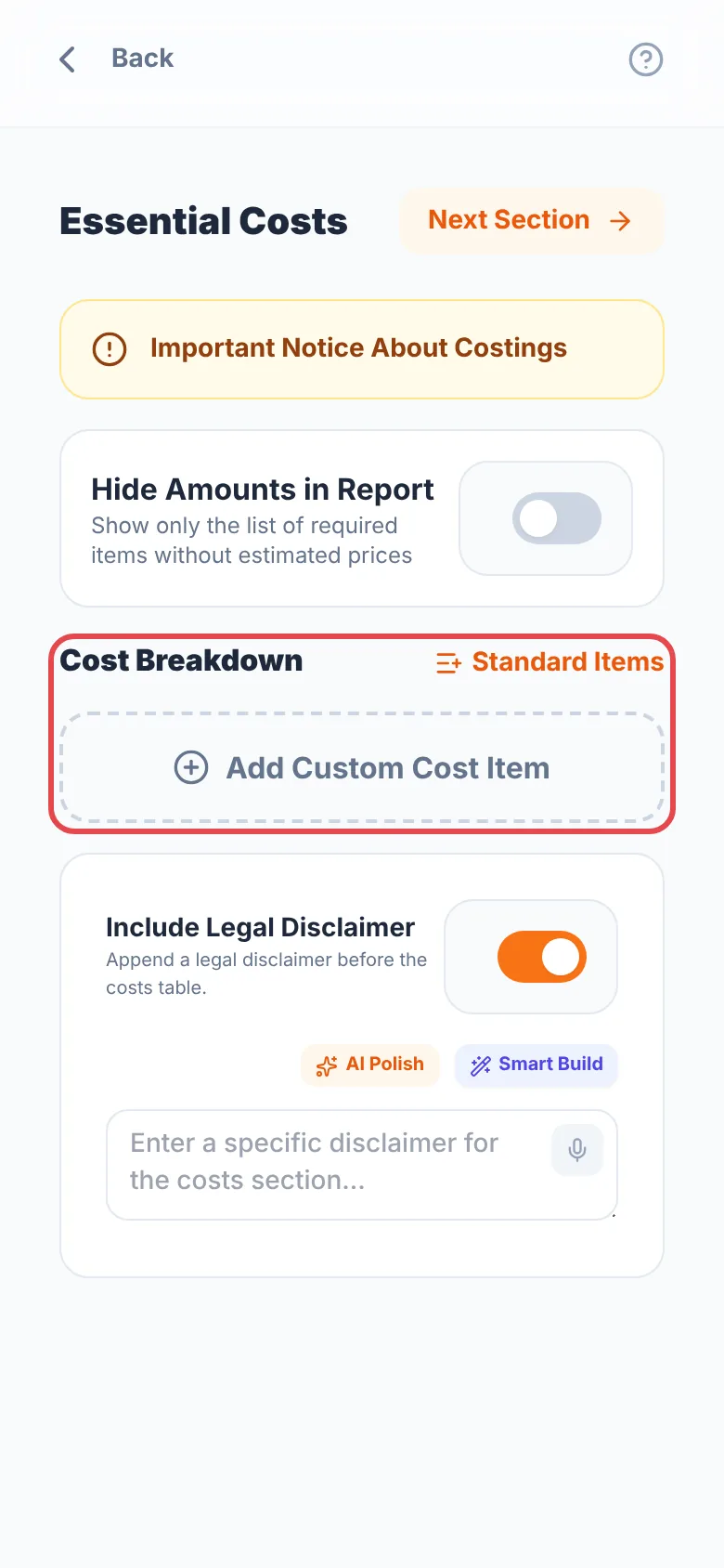 Essential Costs with Hide Amounts in Report switched off, and the Standard Items and Add Custom Cost Item buttons ringed in red under Cost Breakdown