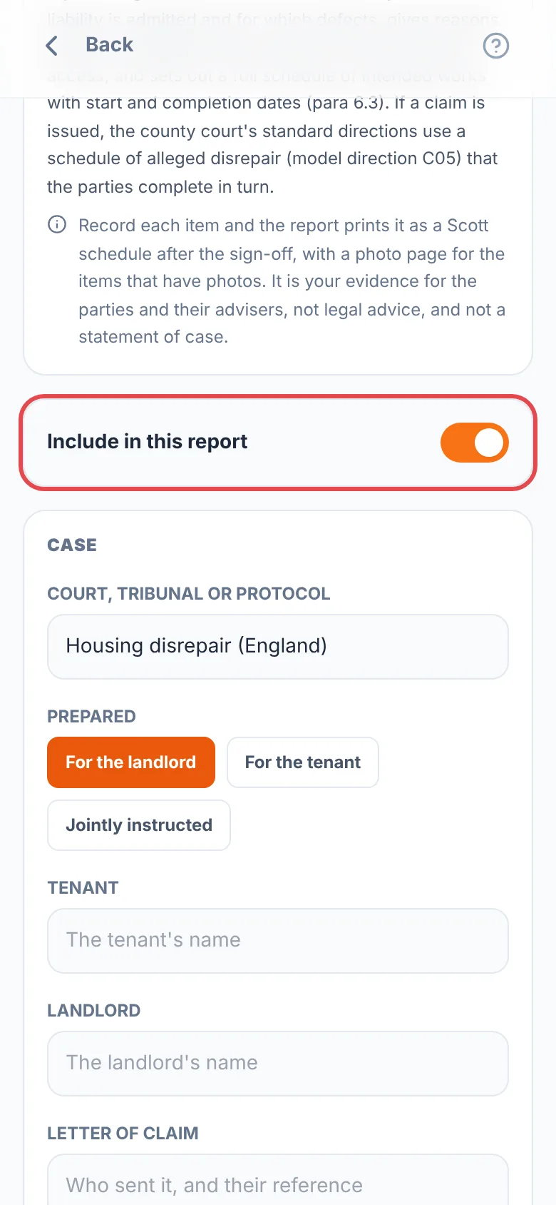 A Scott schedule with the Include in this report switch ringed in red and turned on, above the Housing disrepair (England) template and the parties