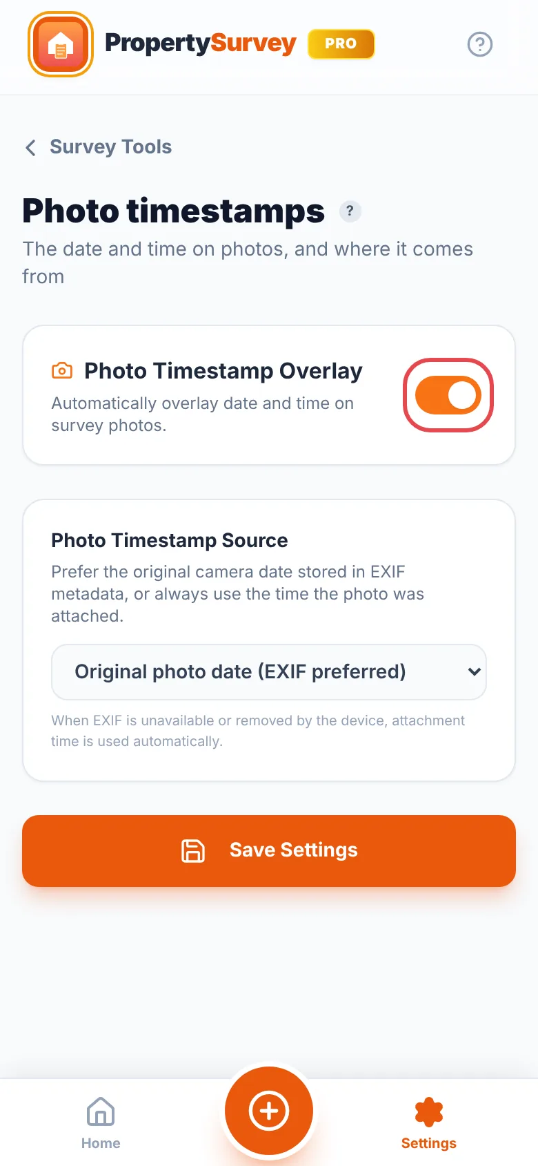 Settings, Profile tab: the Photo Timestamp Overlay switch ringed in red and turned on, above Photo Timestamp Source