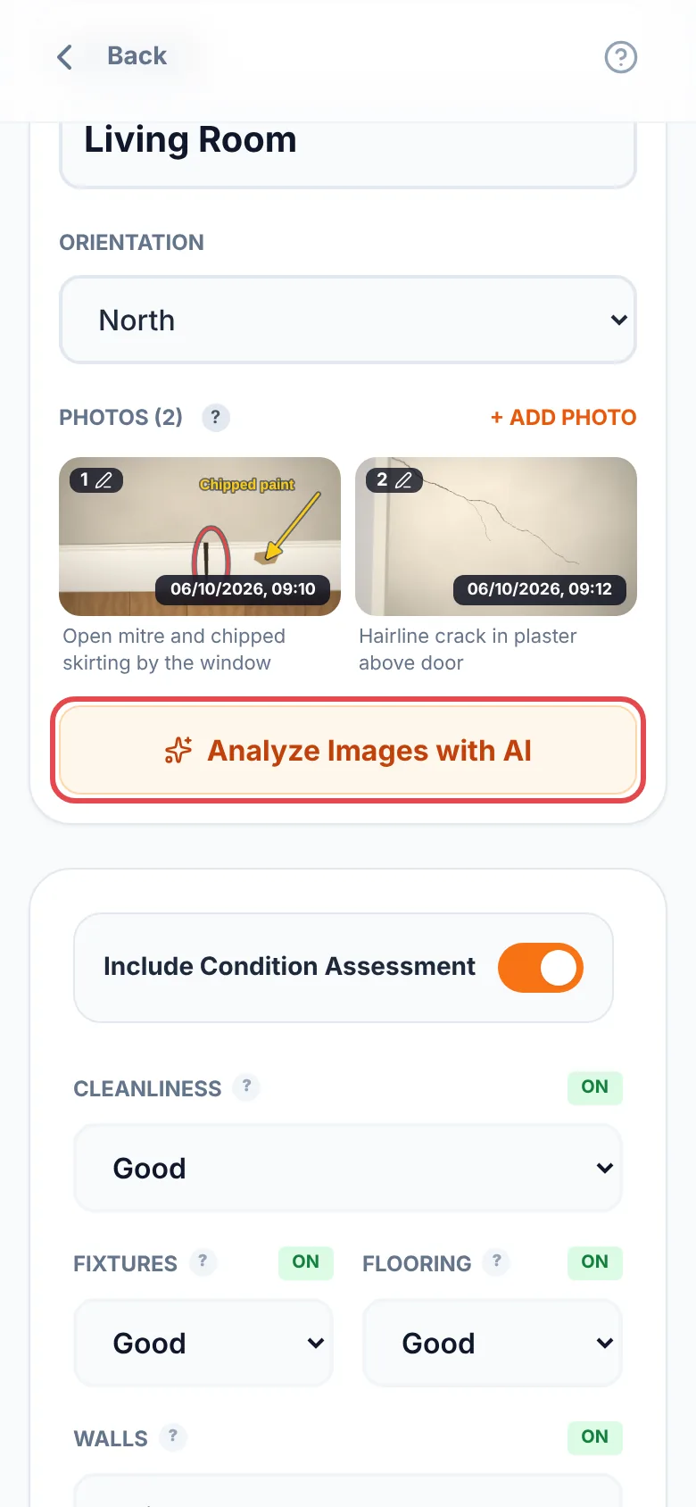 A room with two photos, and the Analyze Images with AI button ringed in red below them