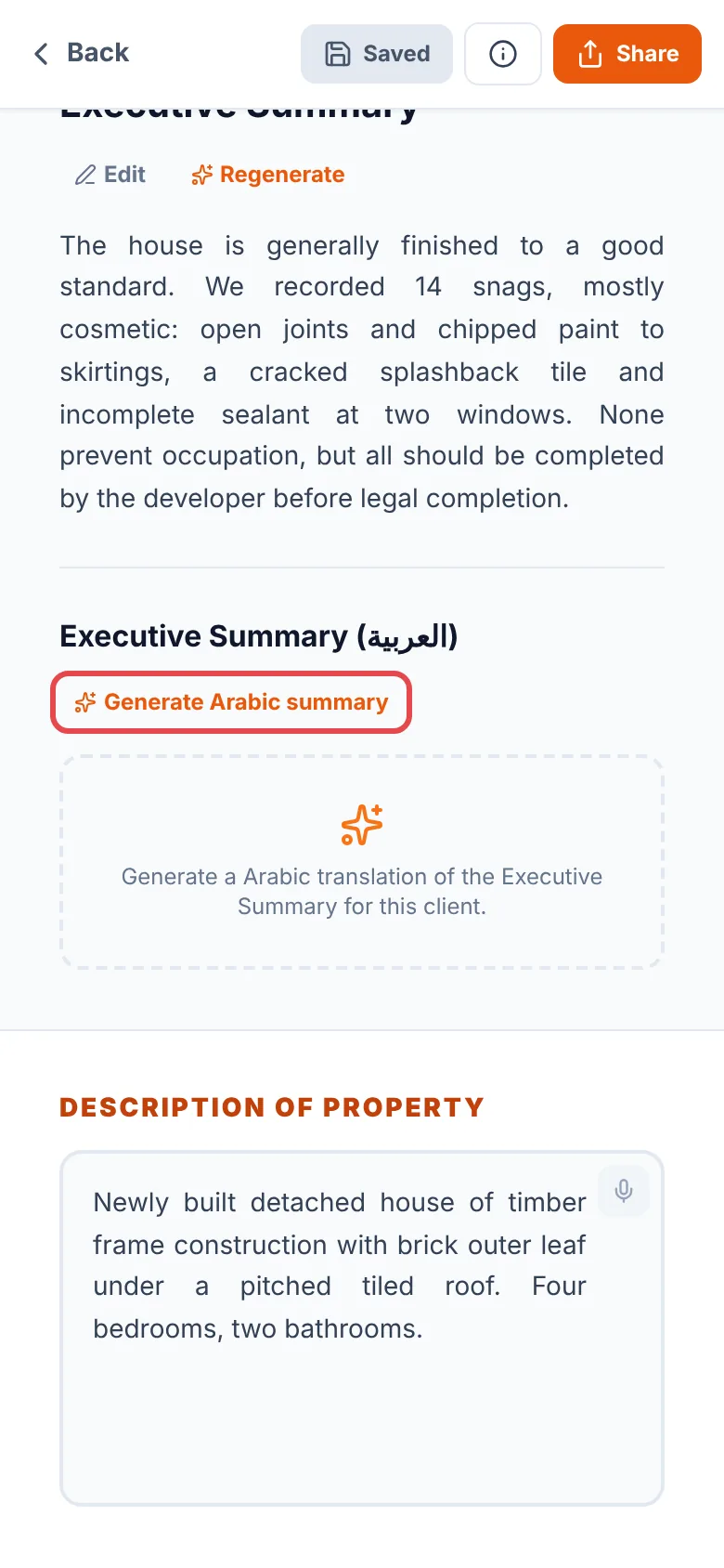 A saved General Inspection report for a UAE region, with the Generate Arabic summary button ringed in red under the executive summary
