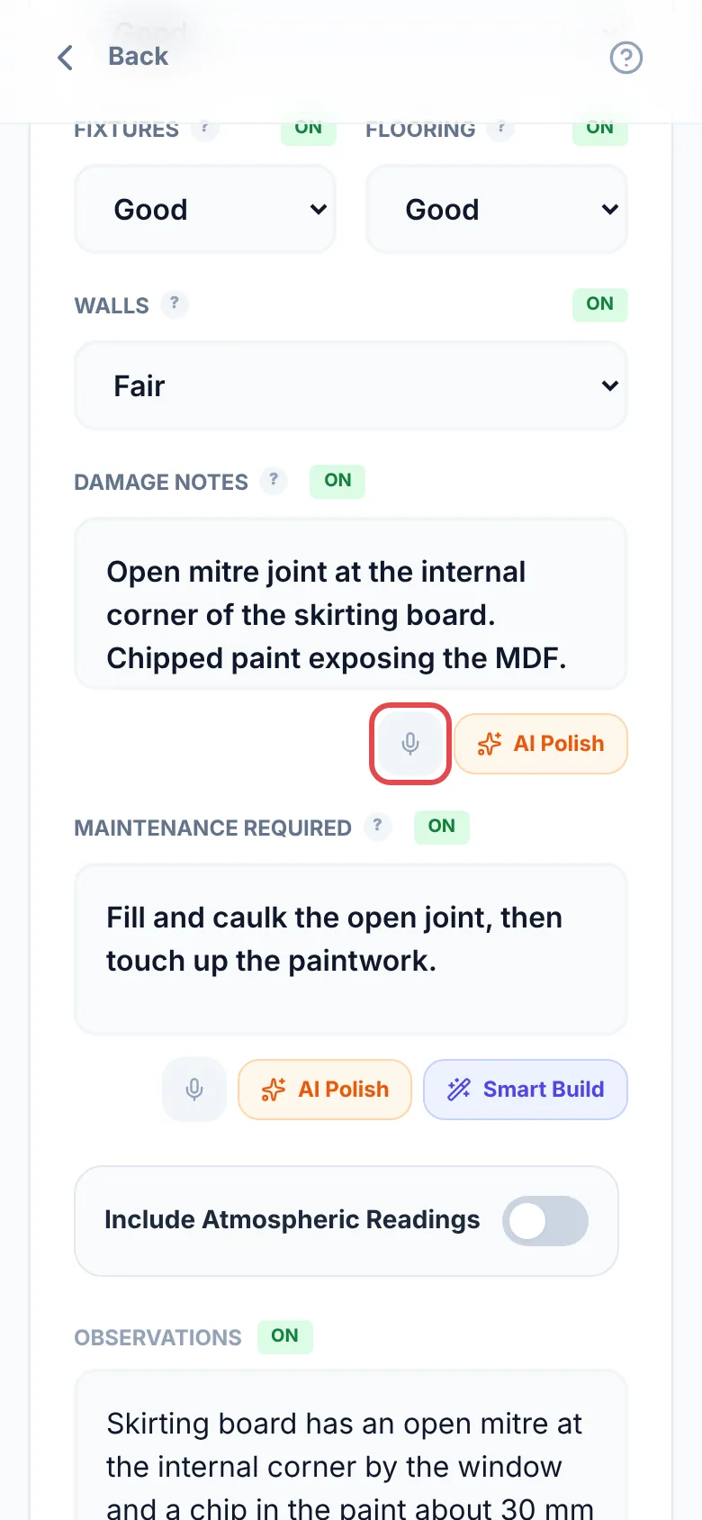 A room's damage notes with the microphone button under the box ringed in red, beside AI Polish