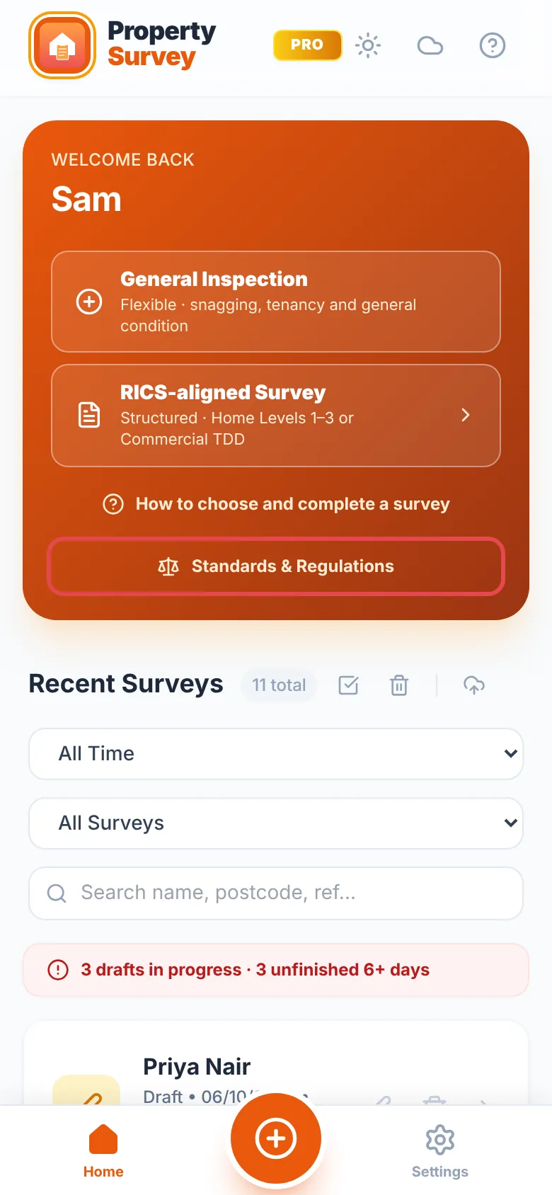 The home screen with Standards & Regulations ringed in red under the General Inspection and RICS-aligned Survey buttons