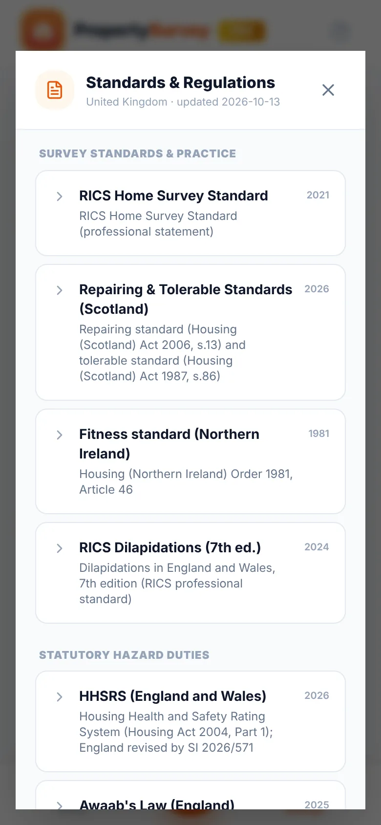 The Standards & Regulations list for the United Kingdom, showing the RICS Home Survey Standard, the Scottish repairing and tolerable standards, the Northern Ireland fitness standard, RICS Dilapidations and HHSRS