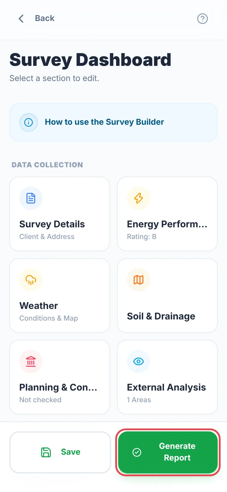 The Survey Dashboard of a General Inspection with the Generate Report button ringed in red at the bottom