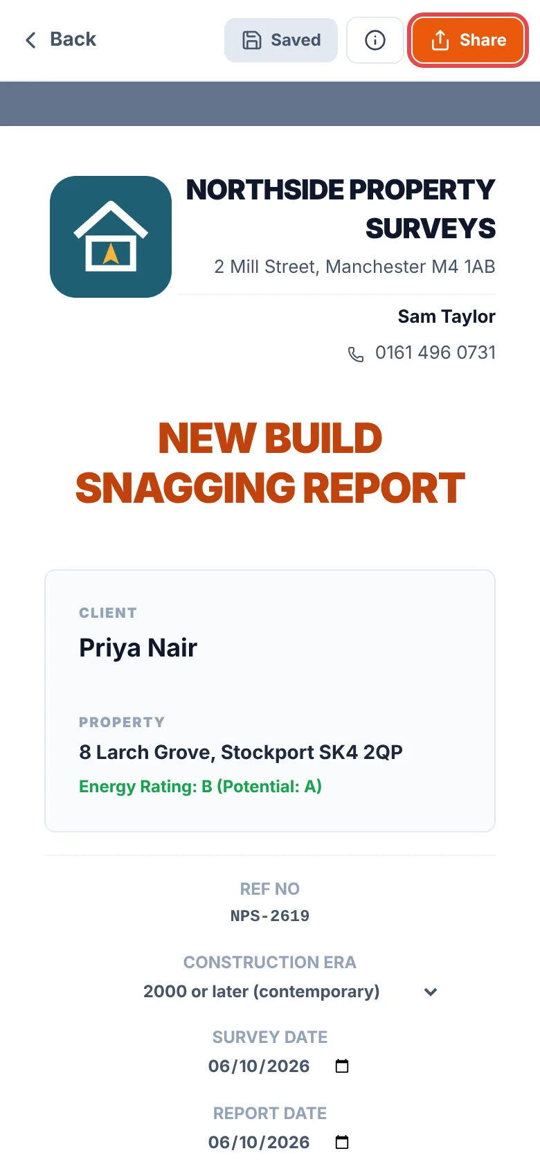 A saved report showing Saved at the top, with the Share button ringed in red