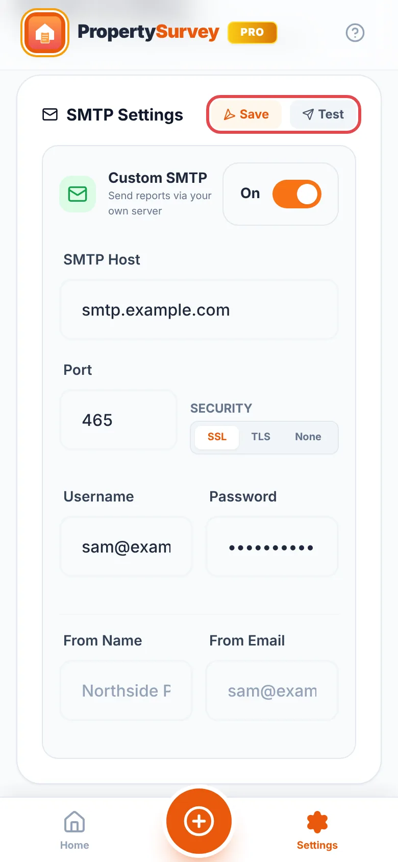 Settings, Sharing tab: SMTP Settings with Custom SMTP on, smtp.example.com as the host and port 465 with SSL, and the Save and Test buttons ringed in red