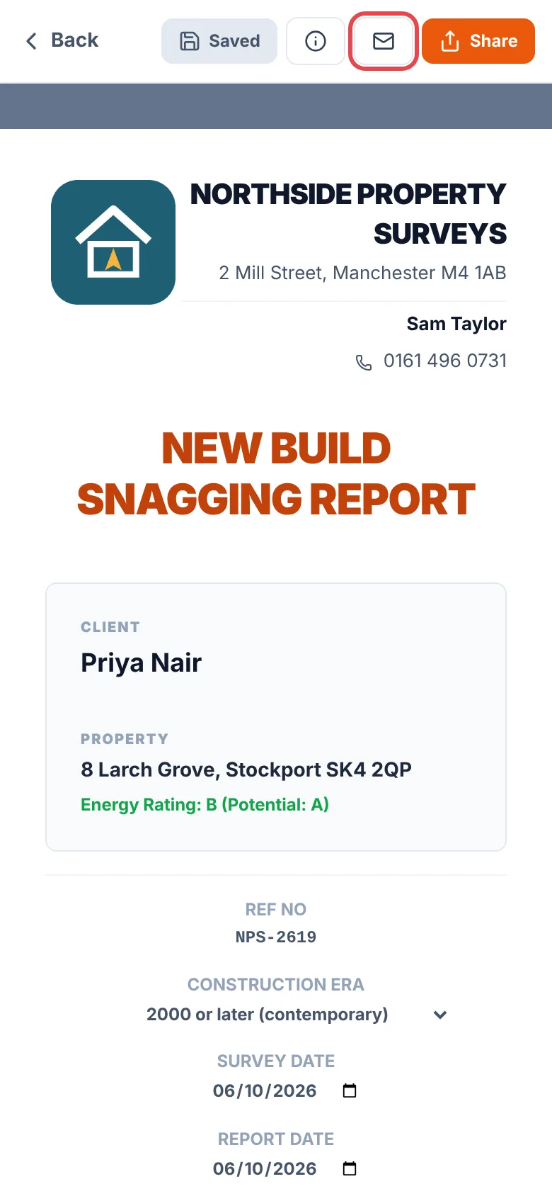 A saved report with the envelope icon ringed in red between the i button and Share