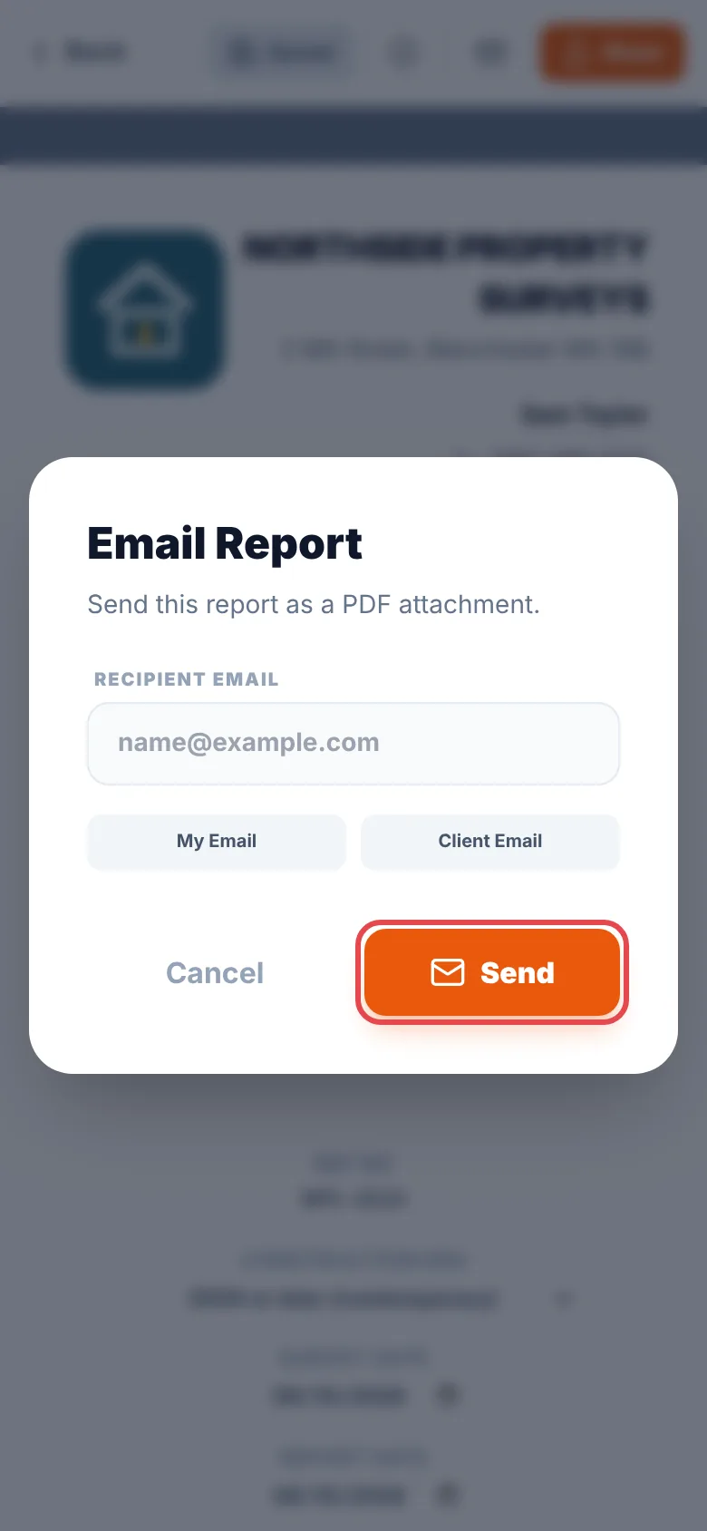 The Email Report window with a Recipient Email box, the My Email and Client Email buttons, and the Send button ringed in red