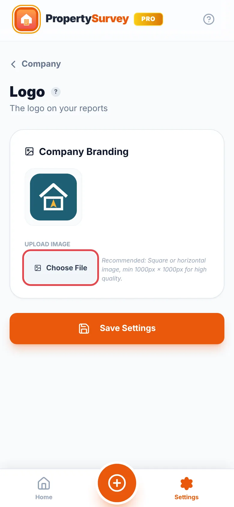 Settings, Profile tab: Company Branding showing a logo, with the Choose File button under Upload Image ringed in red