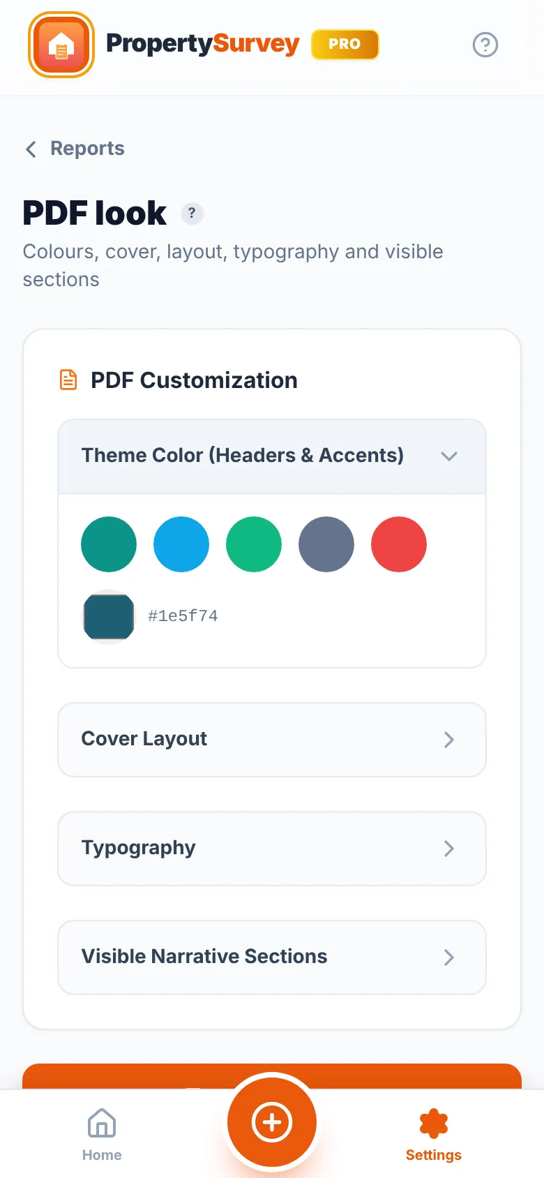 Settings, Profile tab: the PDF Customization card with the Theme Color (Headers & Accents) swatches, Cover Layout, Typography and Visible Narrative Sections