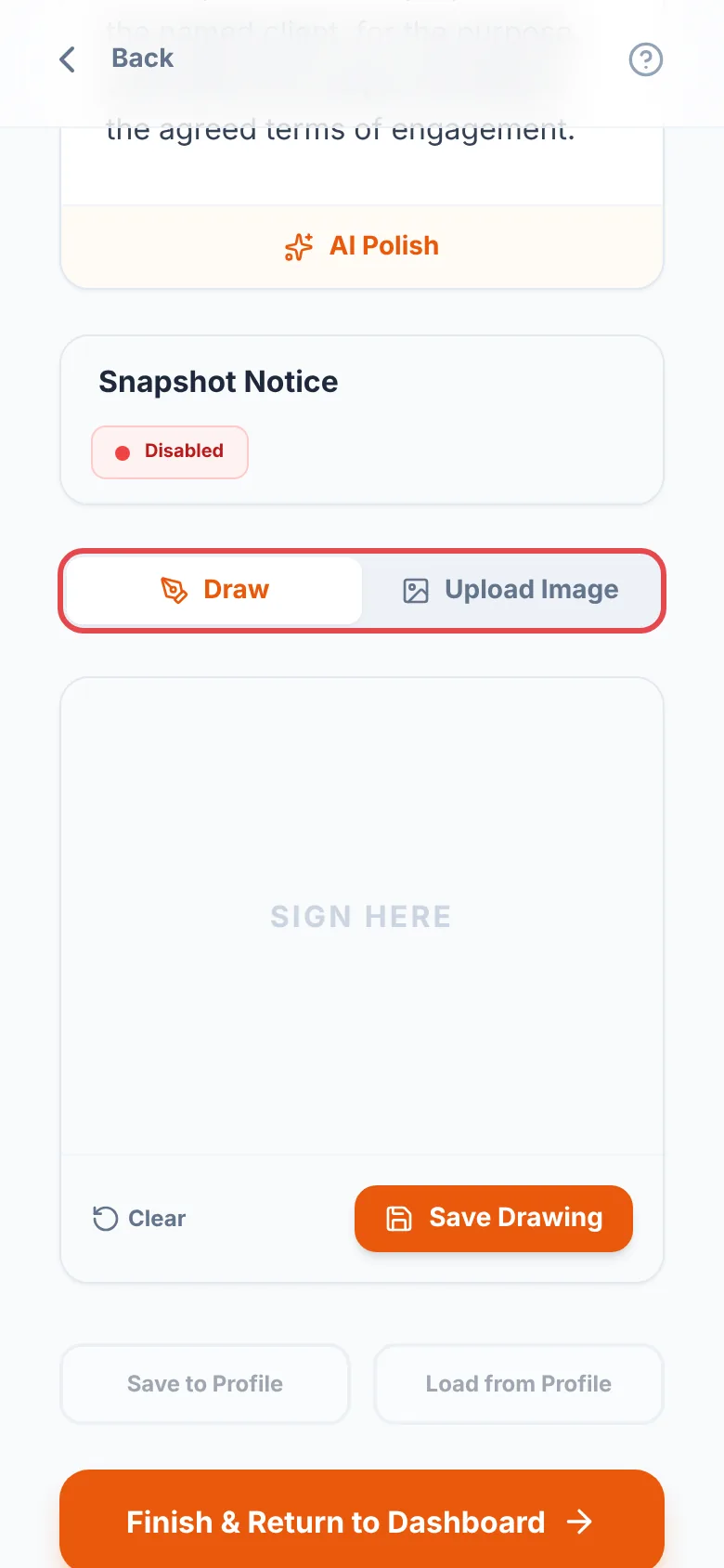 The Final Sign-Off of a General Inspection with the Draw and Upload Image tabs ringed in red above an empty signature box