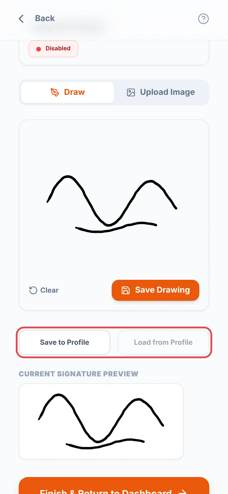 A signature drawn in the box, with Save to Profile and Load from Profile ringed in red above the current signature preview