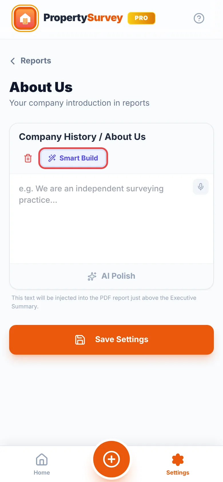 Settings, Profile tab: the Company History / About Us box with the Smart Build button ringed in red