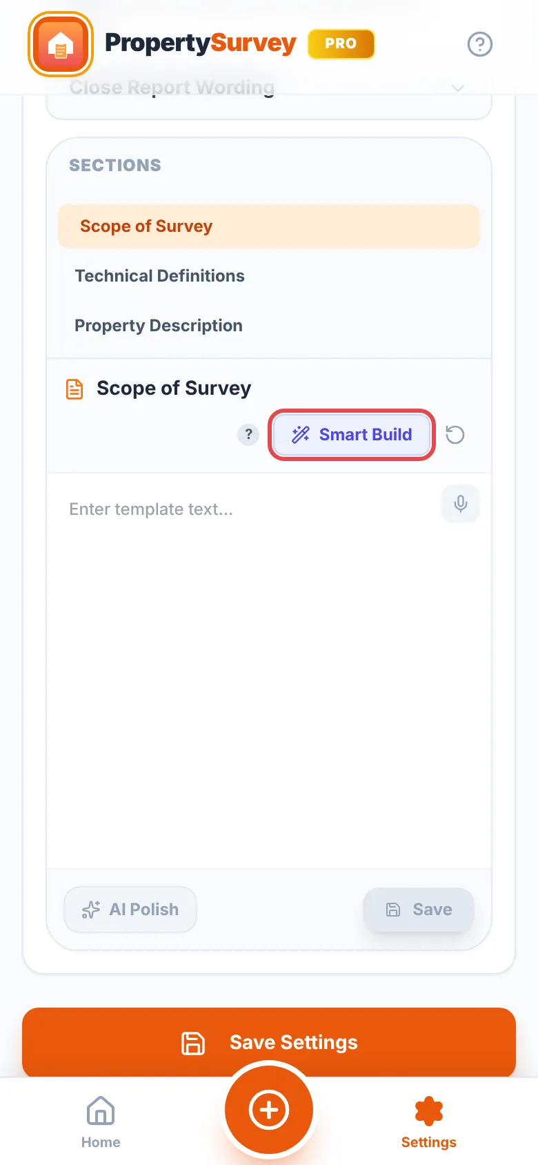 The default report wording editor with Scope of Survey chosen under Sections and its Smart Build button ringed in red