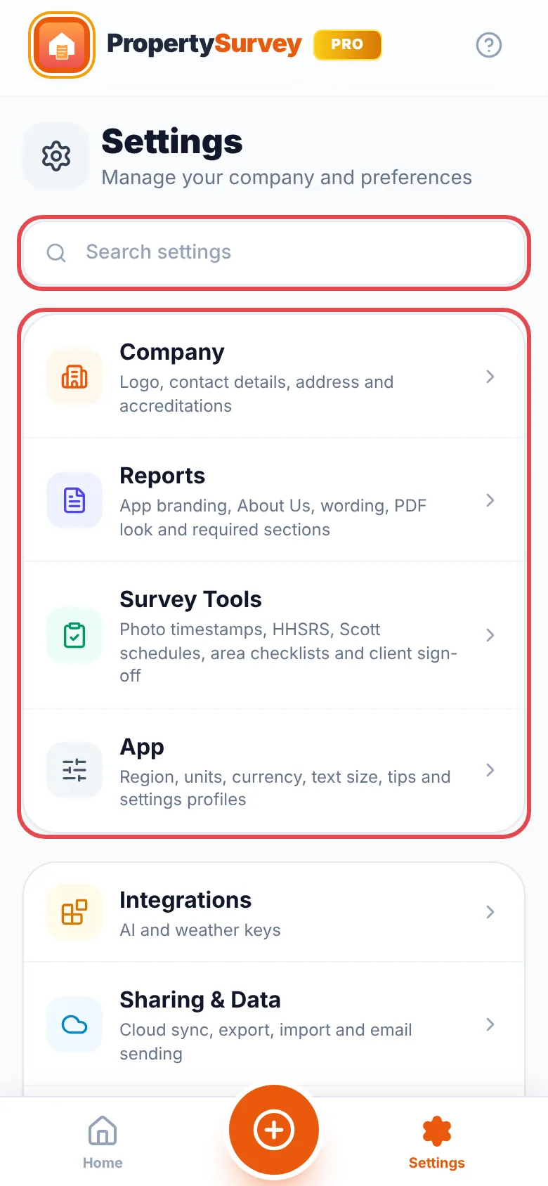 The Settings screen with the Profile, Integrations, Sharing and Help & Legal tabs ringed in red, and the Settings gear ringed at the bottom right
