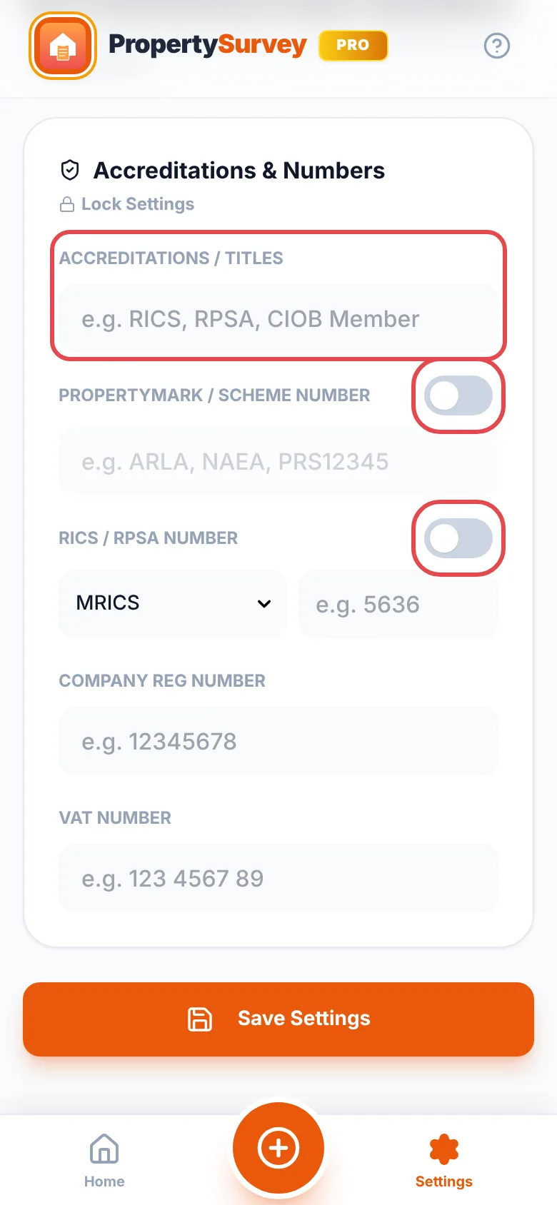 Settings, Profile tab: the Accreditations / Titles box and the Propertymark / Scheme Number and RICS / RPSA Number switches ringed in red