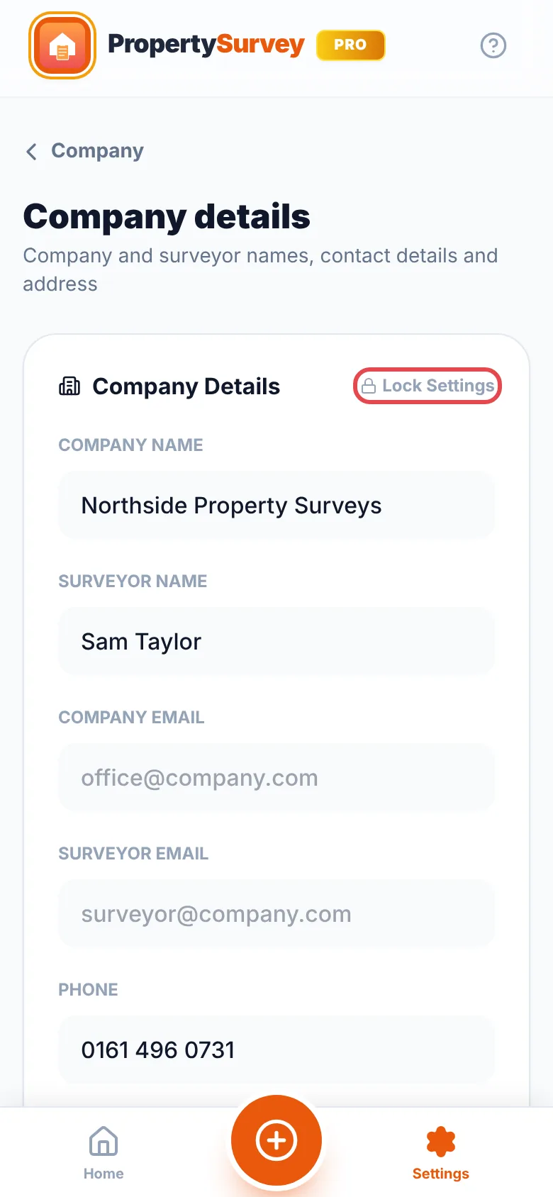 Settings, Profile tab: the Company Details card with Lock Settings ringed in red at the top right
