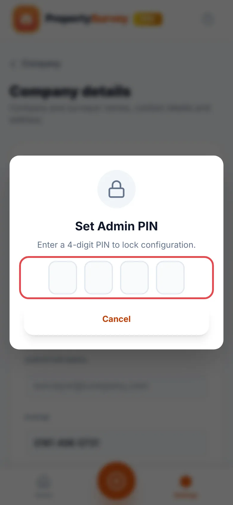 The Set Admin PIN window asking for a 4-digit PIN, with the four PIN boxes ringed in red
