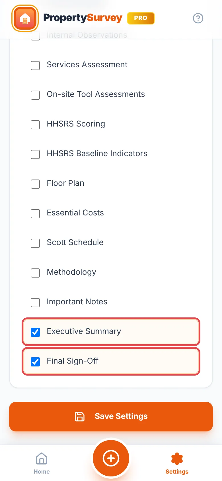The Required Sections list in Settings with Executive Summary and Final Sign-Off ticked and ringed in red