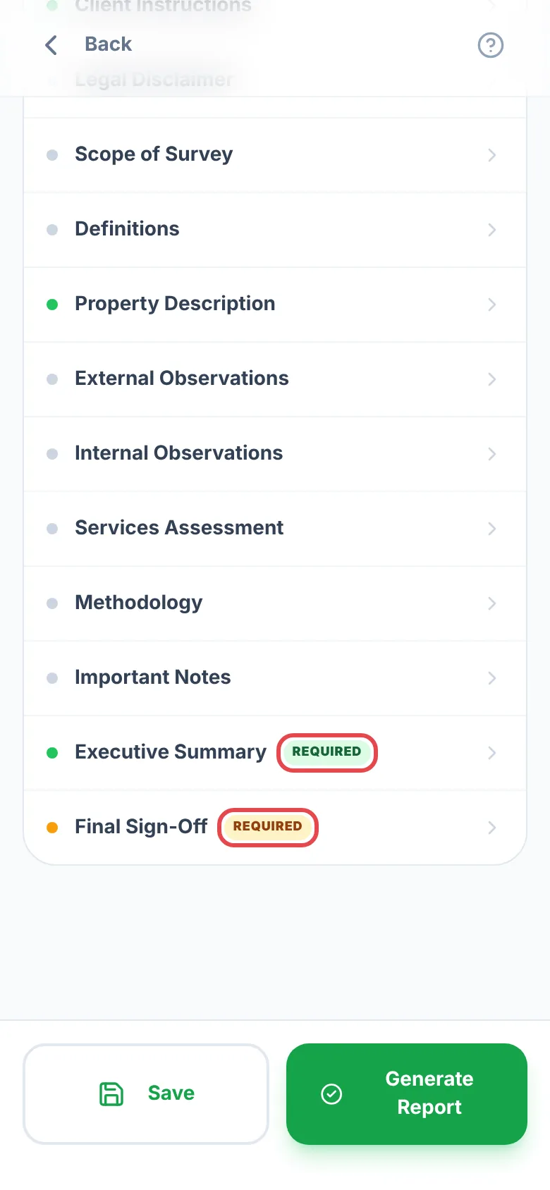 The Report Narrative list in a survey with Required tags ringed in red: green on the filled-in Executive Summary and amber on the empty Final Sign-Off