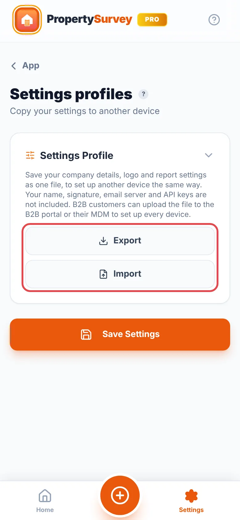 Settings, Profile tab: the Settings Profile card explaining what the file holds, with the Export and Import buttons ringed in red