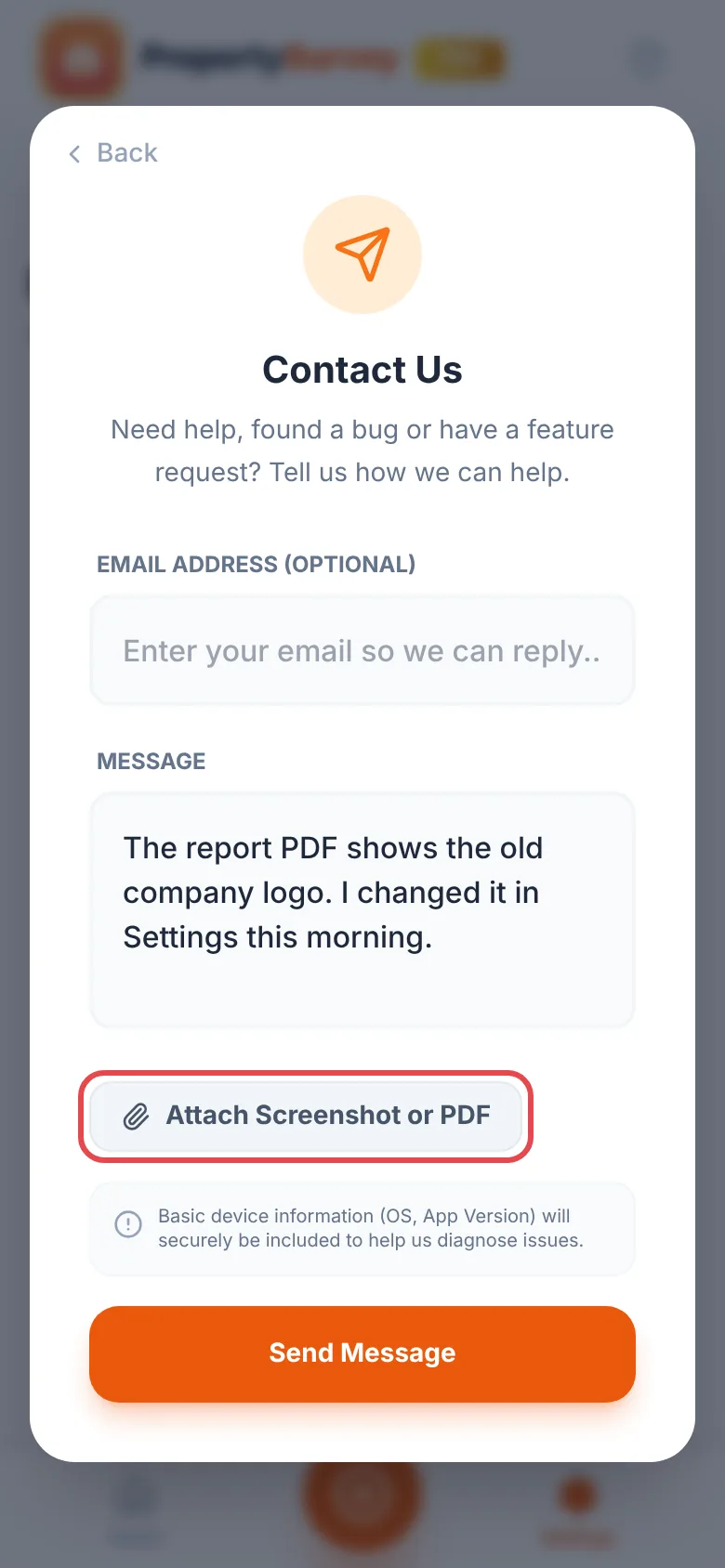 The Contact Us form with an optional email address and a message describing a problem, and the Attach Screenshot or PDF button ringed in red above Send Message
