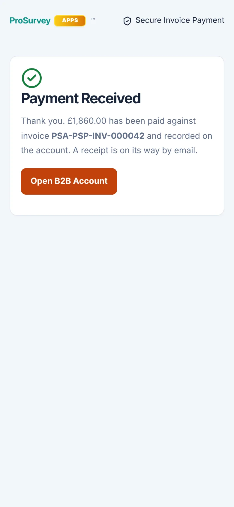 The Payment Received page after paying by card, thanking the payer and confirming a receipt is on its way by email.