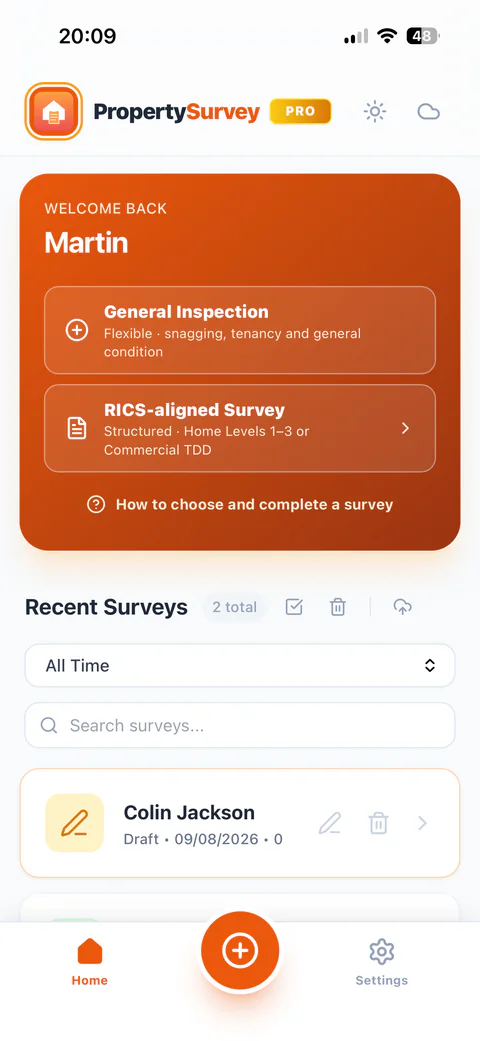 PropertySurvey Pro survey dashboard on a mobile device